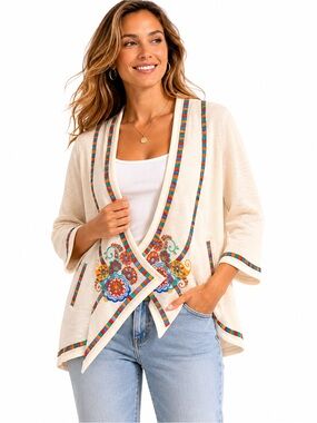 THML Embroidered Open Front Cardigan Hooded Boho Southwestern Jacket Large